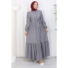 HL Rose Kuşaklı Yarım Düğmeli Elbise Gri