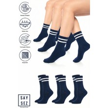 Saysez Bambu Unisex Tenis Kolej Çizgili Premium Lacivert Renk Dikişsiz Soket Çorap 3'lü Paket