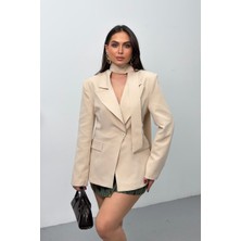 Spirituel Kadın Blazer Ceket Fular Detaylı Sahte Cepli Bele Oturan Tek Düğmeli Ceket