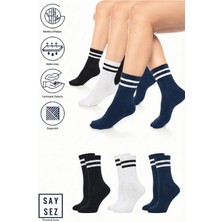 Saysez Bambu Unisex Tenis Kolej Çizgili Siyah-Beyaz-Lacivert Premium Dikişsiz Soket Çorap 3'lü Paket
