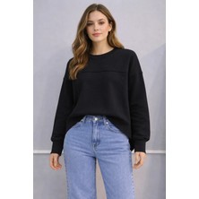 İnce Moda Giyim Bisiklet Yaka Oversize Basic Sweatshirt (Siyah & Ekru)