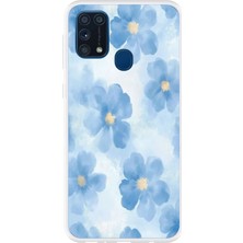 TechTree Samsung Galaxy M31 Uyumlu Mavi Çiçekler Baskılı Silikon Kılıf