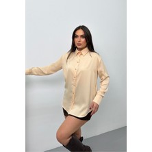 Spirituel Kadın Gömlek Saten Şık Gold Düğmeli Uzun Kollu Düşük Omuz Gömlek