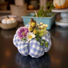 Florivya Design El Yapımı Dekoratif Kumaş Balkabağı – Mavi Pötikare Sonbahar Masa & Ev Dekoru