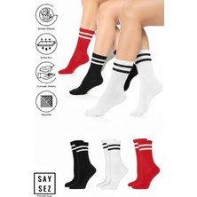 Saysez Bambu Unisex Tenis Kolej Çizgili Siyah-Beyaz-Kırmızı Premium Dikişsiz Soket Çorap 3'lü Paket