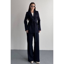 AKD Atelier Kadın Ceket Pantolon Takım Beli Bağlama Detaylı Blazer Ceket Bol Paça Pantolon Takım Elbise