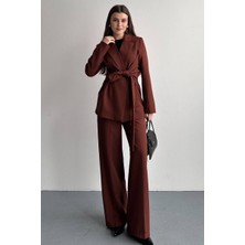 AKD Atelier Kadın Ceket Pantolon Takım Beli Bağlama Detaylı Blazer Ceket Bol Paça Pantolon Takım Elbise