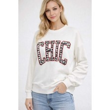 İnce Moda Giyim Ekru Chıc Baskılı Oversize Sweatshirt