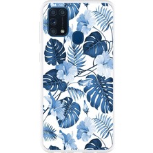 TechTree Samsung Galaxy M31 Uyumlu Mavi Yaprak ve Çiçek Desenli Baskılı Silikon Kılıf