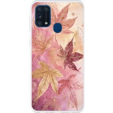 TechTree Samsung Galaxy M31 Uyumlu Pembe ve Bordo Tonlu Yaprak Baskılı Silikon Kılıf