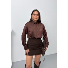 Spirituel Kadın Gömlek Saten Şık Gold Düğmeli Uzun Kollu Düşük Omuz Gömlek