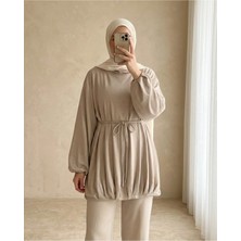 Moda Morfo Eteği Lastikli Beli Bağcıklı Yarım Boğazlı Oysho Sweat -Açık Vizon