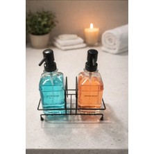 TncPatiShop 2li Cam Sıvı Sabunluk Siyah Standlı Sabunluk Metal Kare Stantlı Deterjanlık