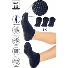 Saysez Bambu Kadın Kaydırmaz Taban Lacivert Silikon Baskı Pilates Yoga Fitness Dans Aktivite Patik Çorabı