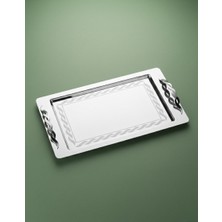 Arsel Sarmaşık Saten Platin Kulplu Çay Tepsisi Premium 304 Paslanmaz Çelik 18/10 Cr-Ni Desenli