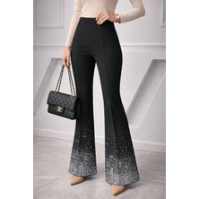 Women Kadın Siyah Yüksek Bel Ispanyol Paça Taşlı Pantolon – Toparlayıcı Şık Model