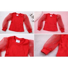 Kırmızı Tül Kollu Ribana Bluz