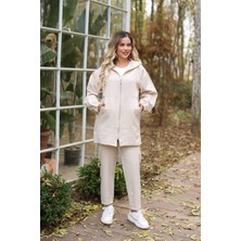 Moda Kapüşonlu Dabıl Kumaş Ikili Takım Siyah & Taş Renk Rahat Kalıp Günlük Şık Kombi