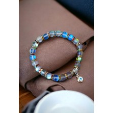 Mavi Termal Kuvars Renkli Rondela Nazar Boncuklu Doğal Taş Bileklik Parlayan Model