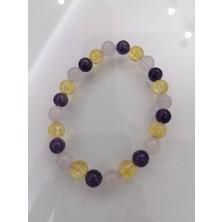 Ametist-Sitrin-Pembe Kuvars Doğal Taş Bileklik 8mm Küre Kesim