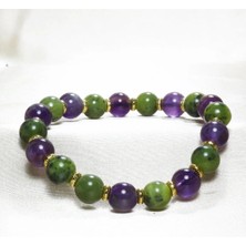 Yeşim Taşı ve Ametist Taşı Bileklik 8 mm | Gerçek Altın Kaplama Detaylı