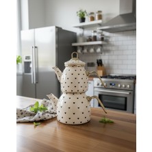 Emaye Burada Lüks Emaye Çaydanlık Takımı - Minik Kalp Detaylı Beyaz   - Indüksiyon Uyumlu Büyük Boy