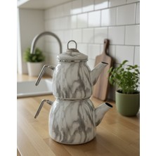 Emaye Burada Lüks Emaye Çaydanlık Takımı - Gold Detaylı Beyaz Nostaljik Tasarım - Indüksiyon Uyumlu Büyük Boy