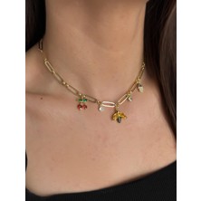 Luseda Vip Arı & Kiraz & Fatma Ana Eli Charm Detaylı 38+5CM Ayarlanabilir Gold Kadın Kolye