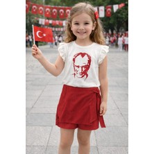 Alm 23 Nisan Kız Çocuk Atatürk Baskılı Tişört Şort Etekli 2’li Takım Kırmızı Beyaz 3-8 Yaş
