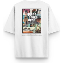 Overoz Gta San Andreas Sırt Baskılı Yarı Oversize Beyaz T-Shirt 1364