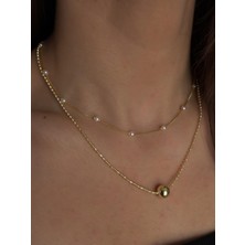 Luseda VIP Çoklu Zincir İnci & Topçuk Detaylı Altın Renk 40+5CM Ayarlanabilir Kadın Kolye