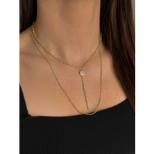 Luseda VIP Kaplama Zirkon Taşlı Y Kolye Gold Ayarlanabilir 40+5 cm Çoklu Zincir Kadın Kolye