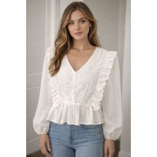 Nihanello Butik Fırfırlı Dantelli Bluz