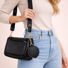 Riema Kadın Siyah Cüzdanlı Kombo 3'lü Ayrılabilen Çıkarılabilir Ayarlanabilir Çapraz Askılı Omuz Çantası