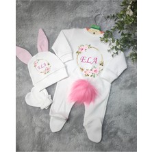 Moda Lime Kız Bebek 3 Lü Tulum Seti Ekru Renk Tavşan Kulaklı Ponponlu Organik Pamuklu