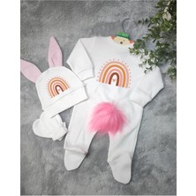 Moda Lime Tavşan Kulaklı ve Ponponlu Isme Özel Baskılı Gökkuşağı Desen Kız Bebek 3 Lü Tulum Seti