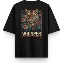 Overoz Whisper Kaplan Sırt Baskılı Yarı Oversize Unisex Siyah Tshirt 1376