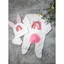 Moda Lime Tavşan Kulaklı ve Ponponlu Isme Özel Baskılı Gökkuşağı Model Kız Bebek 3 Lü Tulum Seti