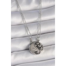 İsmiyle Al 316L Çelik Gümüş Renk Zincir Zirkon Taşlı Ying Yang Model Gün Batımı Işlemeli Arakdaşlı