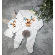 Moda Lime Tavşan Kulaklı Ponponlu Isme Özel Baskılı Elinde Balon Olan Ayıcık Detaylı Bebek 3 Lü Tulum Seti