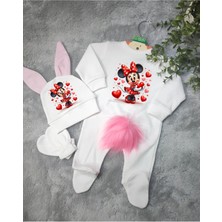 Moda Lime Tavşan Kulaklı ve Ponponlu Isme Özel Baskılı Minie Mause Kız Bebek 3 Lü Tulum Seti