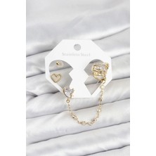 İsmiyle Al Pirinç Gold Renk Kalp Model Zincir Bağlantılı Ear Cuff Küpe Seti