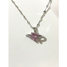 Atalya Accessory Aşk Gezegeni Gümüş Renk Pembe Kalpli Kadın Kolye - Pembe Taşlı Aşk