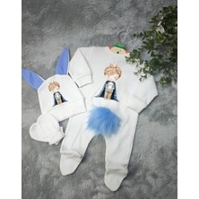 Moda Lime Tavşan Kulaklı Ponponlu Isme Özel Baskılı Bebek 3 Lü Tulum Seti