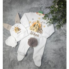 Moda Lime Tavşan Kulaklı Ponponlu Isme Özel Baskılı Küp ve Hayvan Detaylı Bebek 3 Lü Tulum Seti