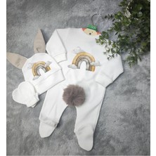 Moda Lime Tavşan Kulaklı Ponponlu Isme Özel Baskılı Gökkuşagı Bulut Detaylı Bebek 3 Lü Tulum Seti