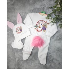 Moda Lime Tavşan Kulaklı ve Ponponlu Isme Özel Baskılı Kız Bebek 3 Lü Tulum Seti