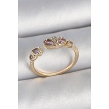 İsmiyle Al Pirinç Gold Renk Pembe Damla Zirkon Taşlı Ayarlanabilir Kadın Yüzük
