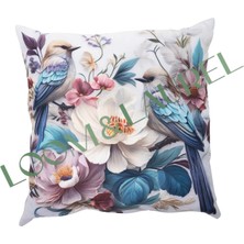 Loom & Laurel İçi Dolu Krep Örgü Üzerine Dijital Baskılı Kırlent 45x43 cm | Çiçekli Kuş Desenli Dekoratif Yastık
