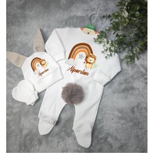 Moda Lime Tavşan Kulaklı Ponponlu Isme Özel Baskılı Gökkuşak Aslan Detaylı Bebek 3 Lü Tulum Seti